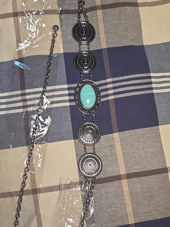 Jewel & Clara Accessories - Silver-tone Statement Belt with Turquoise Oval Accent